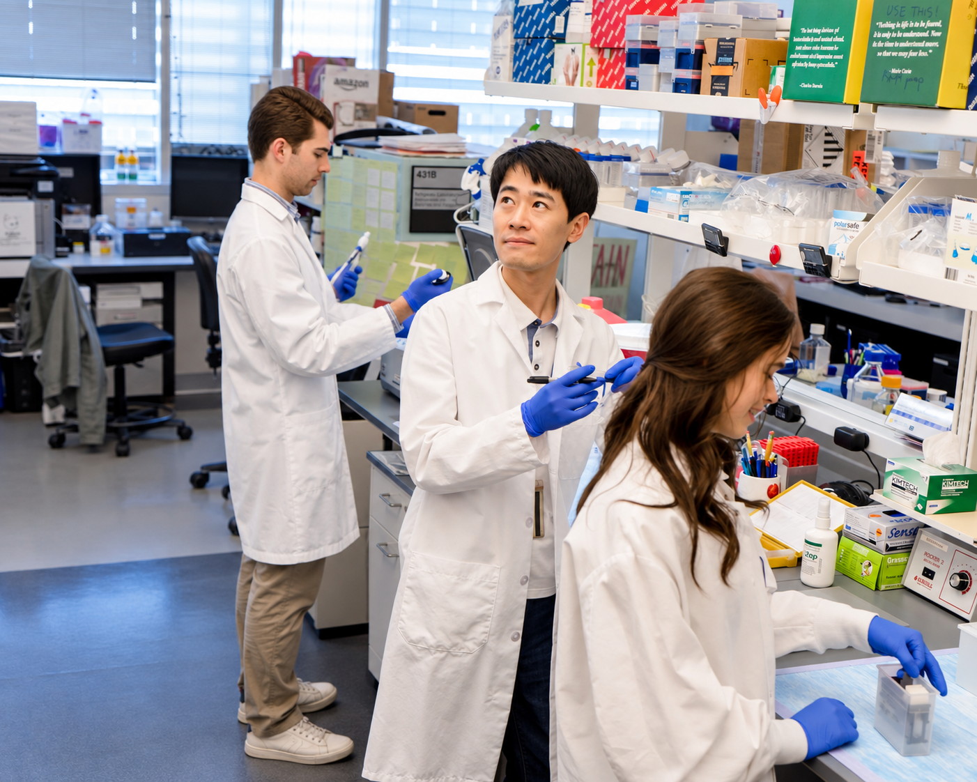 Three lab members at work at the bench